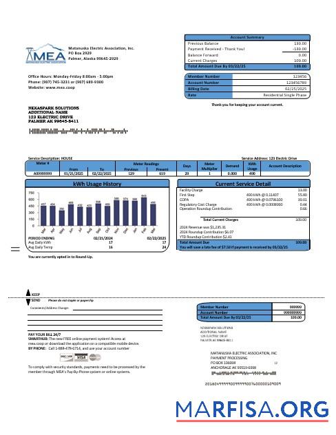 Printable USA MEA Alaska electricity business utility bill template in Word and PDF formats